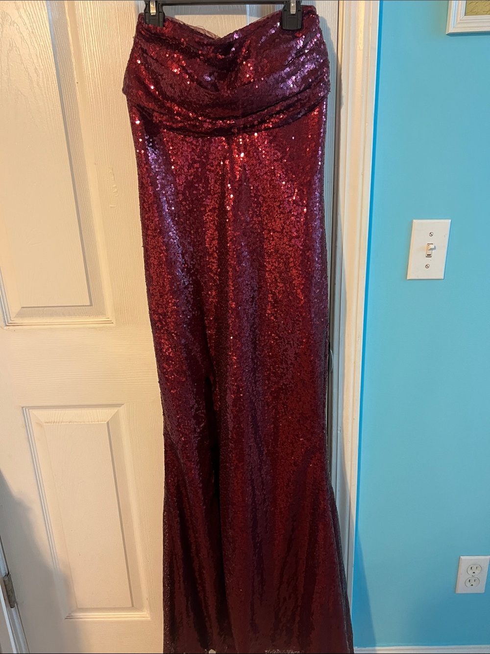 Burgundy Sequin Draped-Waist Prom Dress